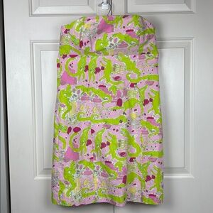 Vintage 2010 Lilly Pulitzer Pink and Green Alligator Print Strapless Dress - 10